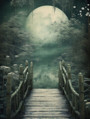 Wall Mural - Generative AI: fantasy landscape with wooden bridge to the sky amd big moon