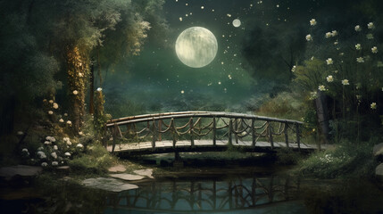 Wall Mural - Generative AI: fantasy landscape with wooden bridge to the sky amd big moon