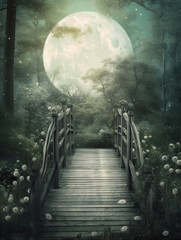 Wall Mural - Generative AI: fantasy landscape with wooden bridge to the sky amd big moon