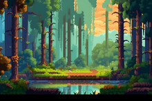 PIxel Art Concept Of Forest For Computer Game. Pixelated Image