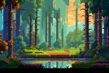 pixel art concept of forest for computer game. pixelated image