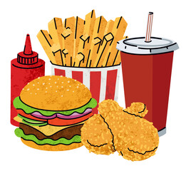 fast food, cartoon icons set, simple flat style, street high calorie food illustration.