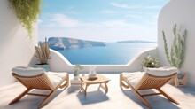 Beautiful Balcony Resort Terrace In Santorini Style Beautiful Sofa Furniture Outdoor Patio Area With Sunlight Blue Sky Background Home Decorative Beautiful Style,generative Ai