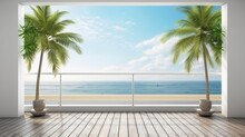 Summer Delight Wooden Balcony Patio Deck With Sunlight And Coconut Tree Panorama View House Interior Mock Up Design Background House Balcony Daylight,generative Ai