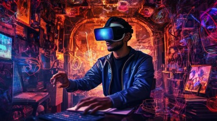 Wall Mural - Virtual reality 3d augmented experience exited digital generate person wear vr glasses goggle headset hand gesture touch 3d object in virtual world fun cheerful and remarkable,generative ai