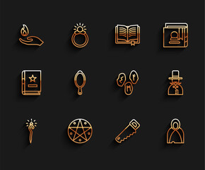 Set line Magic staff, Pentagram in circle, Hand holding fire, saw, Mantle, cloak, cape, hand mirror, Magician and runes icon. Vector