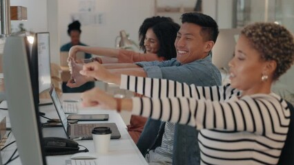 Aufkleber - Business stretching and hand with computer at office stress relief with motivation for mental health. Company, employees and exercise at desk with technology for wellness with team for support.