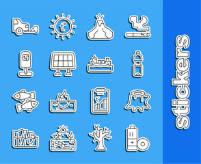 Sticker - Set line Battery, Tree stump, Bottle of water, Volcano eruption with lava, Solar energy panel, Trash, Car exhaust and Oil tanker ship icon. Vector