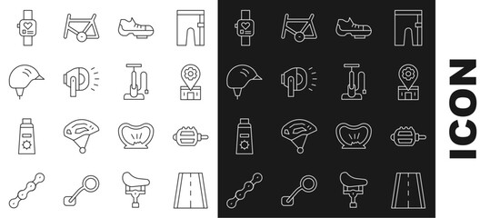 Sticker - Set line Bicycle lane, pedal, repair service, shoes, head lamp, helmet, Smart watch and pump icon. Vector