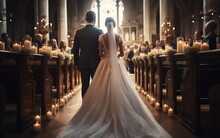 A Bride And Groom Walking Down The Aisle Of A Church During Their Wedding Ceremony. AI
