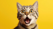 Young Crazy Surprised Cat With Big Eyes On Yellow Background