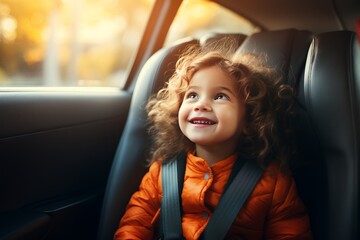 Adorable little girl sitting in the back seat of a car and smiling