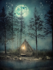 Wall Mural - Generative AI: Fantasy house with big moon