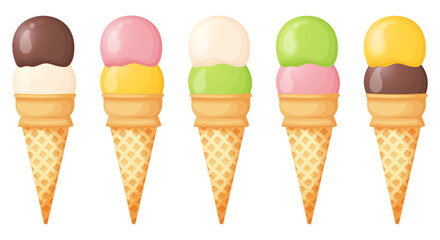 Different color ice cream in a waffle cone