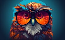An Owl With Sunglasses Against A Solid Color Background, Generative Ai