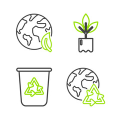 Poster - Set line Planet earth and a recycling, Recycle bin with recycle symbol, Plant bottle and Earth globe leaf icon. Vector