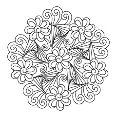 Wall Mural - Coloring page. Original mandala with geometric shapes and flowers. Meditative floral coloring book. Black and white Vector illustration.