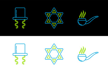 Poster - Set line Smoking pipe with smoke, Orthodox jewish hat sidelocks and Star of David icon. Vector