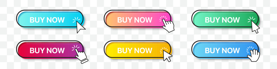 Fototapete - Buy now buttons collection with arrow and hand cursor pointer. Gradient button with shadow. Set of digital web buttons. App website button collection