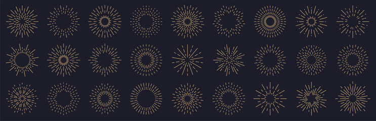 Poster - Sunburst element collection. Set of golden radial sunrise. Vintage sunbeam shape collection. Set of retro line sun burst elements