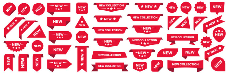 Poster - New collection red label isolated on white background. Set of new collection badge ribbon. Sticker, tags, badge, ribbon for promotion