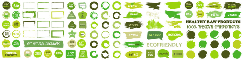 Set of green brush texture for healthy food. Organic, bio, vegan, raw, healthy food, sugar free, fresh grunge badges collection