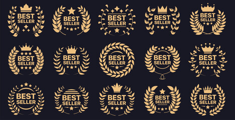 Wall Mural - best seller badge collection. set of best seller emblem with laurel wreath, crown and star icon. bes