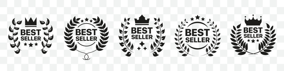 Wall Mural - best seller badge collection. set of best seller emblem with laurel wreath, crown and star icon. bes