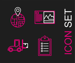 Poster - Set line Verification of delivery list clipboard, Forklift truck, Postcard and icon. Vector