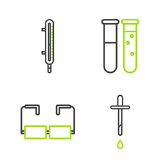 Sticker - Set line Pipette, Glasses, Test tube and flask chemical laboratory and Meteorology thermometer measuring icon. Vector