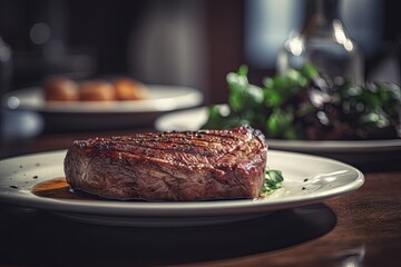 Wall Mural - Grilled Beef Steak on Plate with Restaurant Table Background