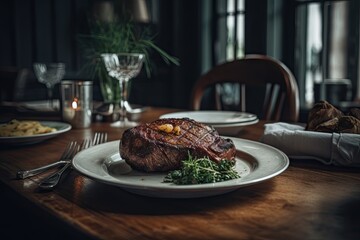 Wall Mural - Grilled Beef Steak on Plate with Restaurant Table Background