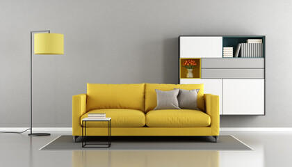 Wall Mural - Modern living room with yellow couch and sideboard on wall - 3d rendering