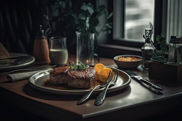 Wall Mural - Grilled Beef Steak on Plate with Restaurant Table Background