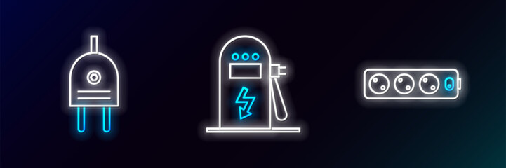 Sticker - Set line Electric extension cord, plug and car charging station icon. Glowing neon. Vector