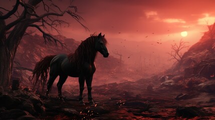 Canvas Print - A horse standing in a rocky area with a sunset in the background. Generative AI image.