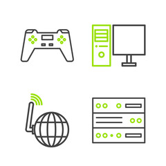 Poster - Set line Server, Data, Web Hosting, Social network, Computer monitor and Gamepad icon. Vector