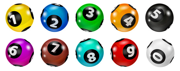 Wall Mural - Lottery Number Balls. Colored balls isolated. Bingo ball. Bingo balls with numbers. Set of colored balls. Lotto concept. Bingo balls set.