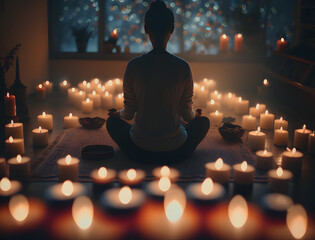 a person meditating in a peaceful environment, with elements like candles, incense, or a yoga mat