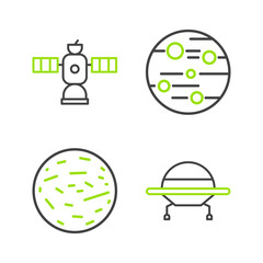 Poster - Set line UFO flying spaceship, Planet Mars, and Satellite icon. Vector