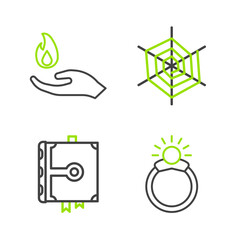 Wall Mural - Set line Magic stone ring with gem, Ancient magic book, Spider web and Hand holding fire icon. Vector