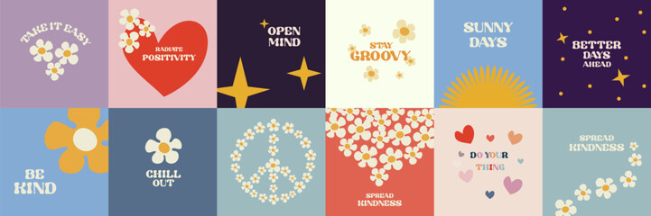 Wall Mural - Positive motivation cards design in groovy style with heart flower symbols