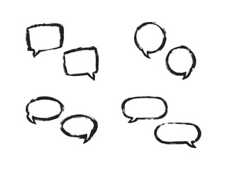 Hand drawn black speech bubble on white. Mind clouds templates set. Abstract sketches. Set of think and talk speech bubbles. Black and white illustration
