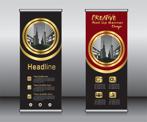 Wall Mural - Gold roll up banner template design,banner layout, advertisement, pull up, polygon background.