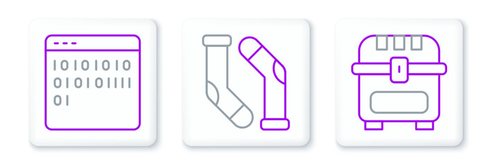 Poster - Set line Antique treasure chest, Binary code and Socks icon. Vector