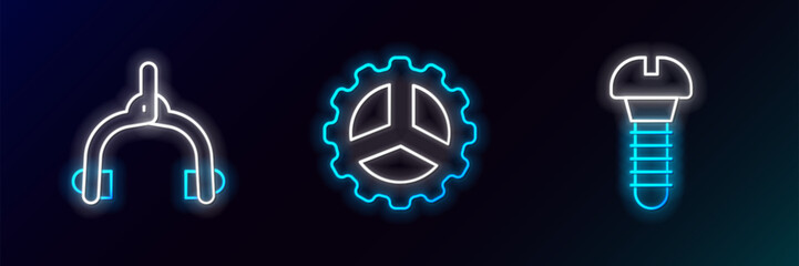 Sticker - Set line Metallic screw, Bicycle brake calipers and sprocket crank icon. Glowing neon. Vector