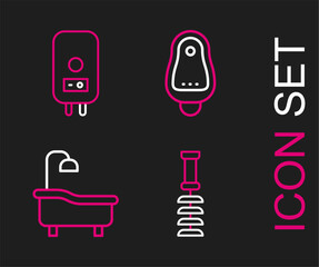 Sticker - Set line Toilet brush, Bathtub, urinal or pissoir and Electric boiler icon. Vector