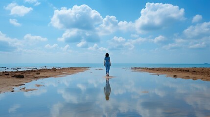 Poster - A woman standing on a beach looking out at the ocean. Generative AI image.