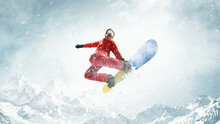 In Motion. Flying High. Sportive Man Riding Snowboard Over Snowy Mountains Background. Warm Sunny Day. Concept Of Winter Sport, Action, Motion, Hobby, Leisure Time. Banner. Copy Space For Ad