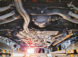 Close-up shot under the car's undercarriage, technology, car suspension parts